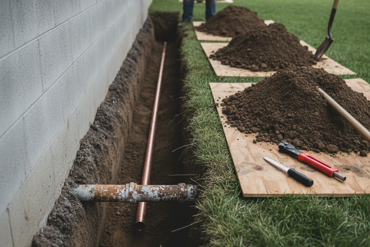 Excavated water line trench during Water Heater Repair in Durham